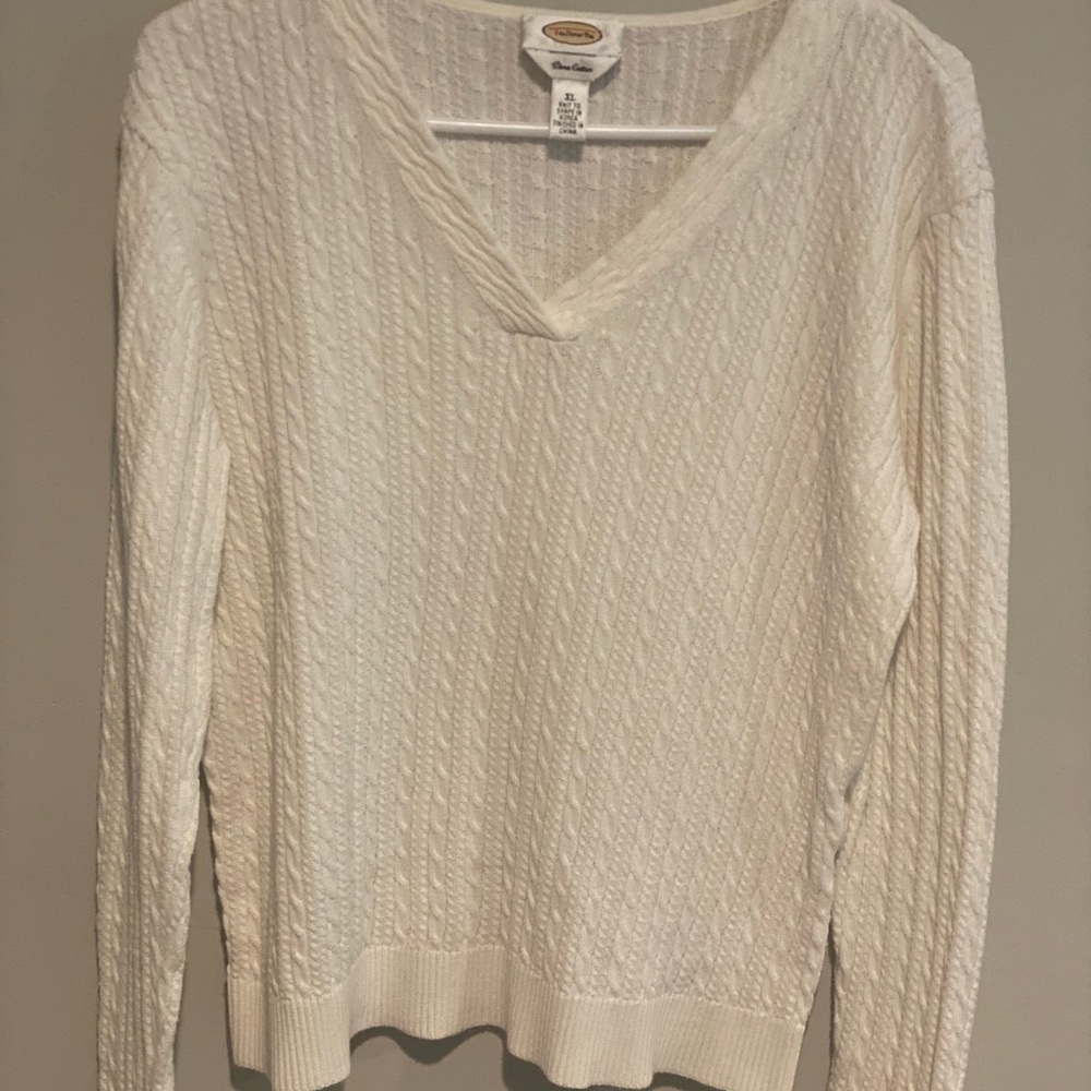 VINTAGE Talbots Petites XL Sweater White Cable Knit 100% Pima Cotton Y2K